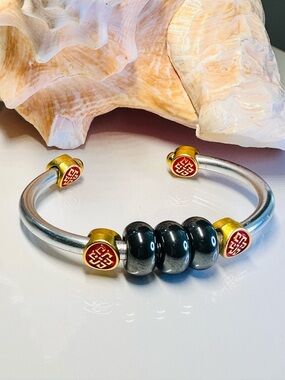 Hematite Bead Open Cuff Bracelet with Gold & Red Accents